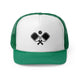 Green trucker cap with a minimalist icon of two crossed pickleball paddles and a ball