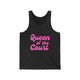 Pickleball tank top with a pink script Queen of the Court text design