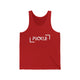 Red unisex pickleball tank top with white PICKLE wordmark inside bracket marks