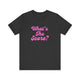 Dark grey heather pickleball t-shirt with a pink script What's the Score text design