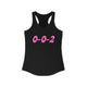 Black pickleball tank top with a pink script 0-0-2 text design
