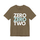 Heather olive t-shirt with a stacked ZERO ZERO TWO text design