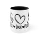 White mug with a Black accent and a "Peace Love Pickleball" design with a peace-sign hand, a heart, and a paddle and ball
