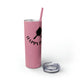 Glitter Magic Pink skinny tumbler with straw and "Happy Place" text with a paddle and ball icon