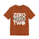 Autumn orange t-shirt with a stacked ZERO ZERO TWO text design and a pickleball replacing the O in two