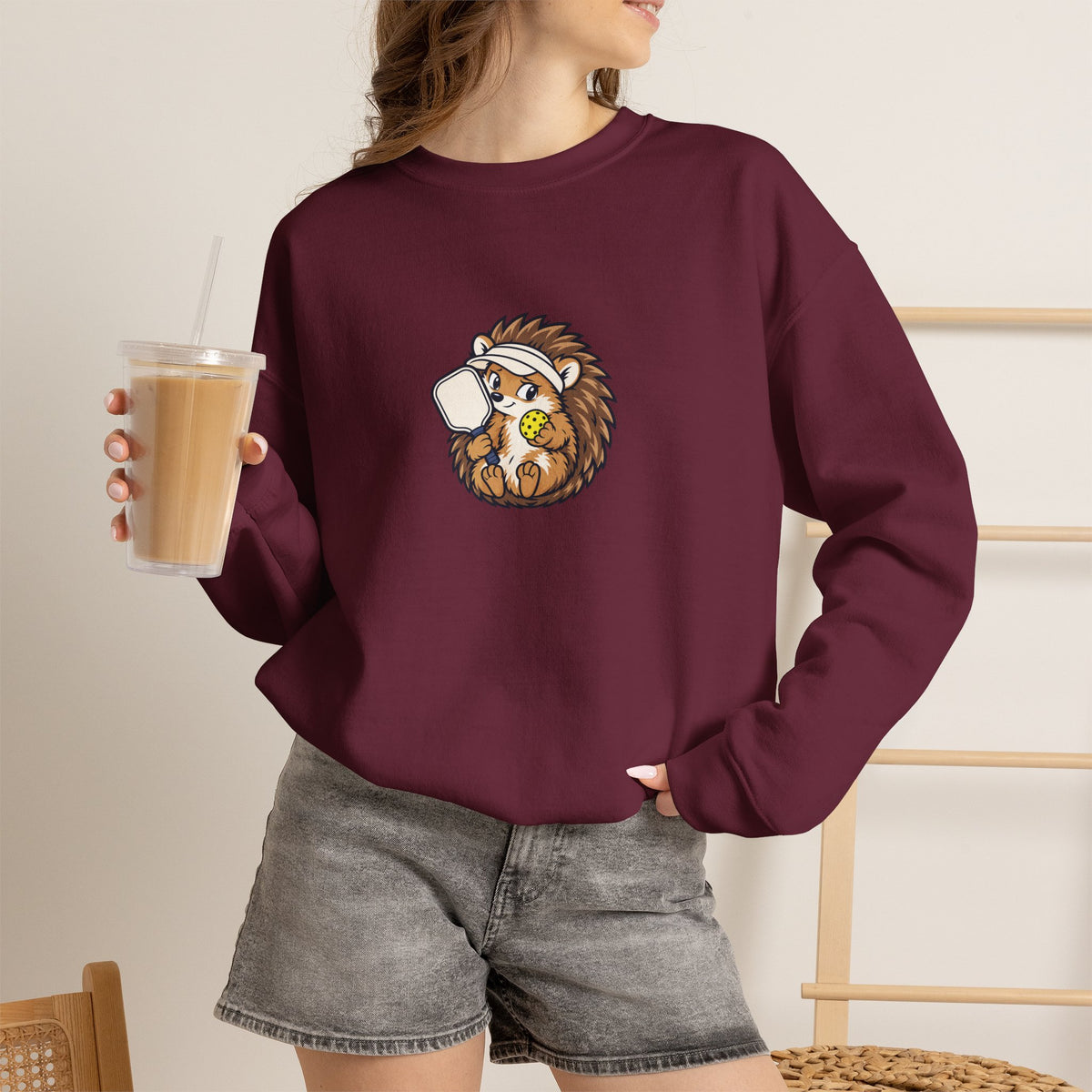 Hedgehog pickleball crewneck sweatshirt, Small Player, Full Commitment