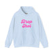 Light blue pickleball hoodie with a pink script Drop Shot text design