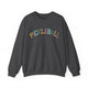Dark heather crewneck sweatshirt with a colorful arched PICKLEBALL text design