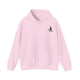 Light Pink pickleball hoodie with a small silhouette of a person swinging a pickleball paddle on the chest