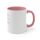 White mug with a Pink accent and "Happiest On the Court" script text with sparkle stars