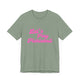Sage pickleball t-shirt with a pink script Let's Play Pickleball text design