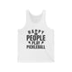Unisex pickleball tank top with bold stacked "HAPPY PEOPLE PLAY PICKLEBALL" text and crossed paddles graphic