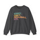 Dark heather crewneck sweatshirt with a colorful Sorry. Can't. Pickleball. Bye. text design
