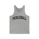 Athletic Heather unisex pickleball tank top with a bold, arched collegiate-style "PICKLEBALL" wordmark