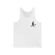 Unisex pickleball tank top with a small silhouette of a person swinging a pickleball paddle on the chest