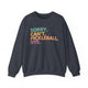 Heather dark navy crewneck sweatshirt with a colorful Sorry. Can't. Pickleball. Bye. text design