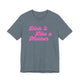 Heather slate pickleball t-shirt with a pink script Dink it Like a Mother text design