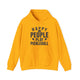 Gold pickleball hoodie with bold stacked "HAPPY PEOPLE PLAY PICKLEBALL" text and crossed paddles graphic