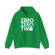Irish green hoodie with a stacked ZERO ZERO TWO text design and a pickleball replacing the O in two