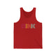 Red unisex pickleball tank top with a rainbow-striped "DINK" wordmark