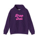 Purple pickleball hoodie with a pink script Drop Shot text design