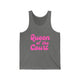 Pickleball tank top with a pink script Queen of the Court text design