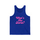 Pickleball tank top with a pink script What's the Score text design