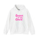 White pickleball hoodie with a pink script Queen of the Court text design