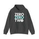 Dark heather hoodie with a stacked ZERO ZERO TWO text design and a pickleball replacing the O in two