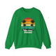 Irish Green pickleball crewneck sweatshirt with a retro sunset circle with silhouetted palm trees and "West Coast Pickleball" script text