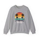 Sport Grey pickleball crewneck sweatshirt with a retro sunset circle with silhouetted palm trees and "West Coast Pickleball" script text