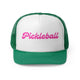 Green trucker cap with "Pickleball" written in pink cursive script