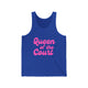 Pickleball tank top with a pink script Queen of the Court text design