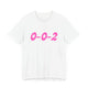 White pickleball t-shirt with a pink script 0-0-2 text design