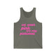 Grey triblend pickleball tank top with a pink script We Wear Pink and Play Pickleball text design