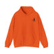 Orange pickleball hoodie with a small silhouette of a person swinging a pickleball paddle on the chest