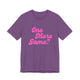 Heather team purple pickleball t-shirt with a pink script One More Game text design