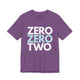Heather team purple t-shirt with a stacked ZERO ZERO TWO text design