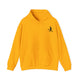 Gold pickleball hoodie with a small silhouette of a person swinging a pickleball paddle on the chest