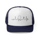 Navy trucker cap with a heartbeat-line illustration incorporating a paddle and pickleball