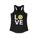 Black racerback tank top with LOVE text design and a yellow pickleball replacing the O