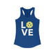Royal blue racerback tank top with LOVE text design and a yellow pickleball replacing the O