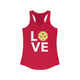 Red racerback tank top with LOVE text design and a yellow pickleball replacing the O