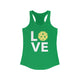 Kelly green racerback tank top with LOVE text design and a yellow pickleball replacing the O