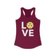 Cardinal red racerback tank top with LOVE text design and a yellow pickleball replacing the O