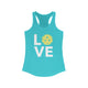 Tahiti blue racerback tank top with LOVE text design and a yellow pickleball replacing the O