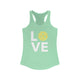 Mint racerback tank top with LOVE text design and a yellow pickleball replacing the O