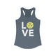 Indigo racerback tank top with LOVE text design and a yellow pickleball replacing the O
