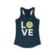 Midnight navy racerback tank top with LOVE text design and a yellow pickleball replacing the O