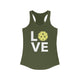 Military green racerback tank top with LOVE text design and a yellow pickleball replacing the O